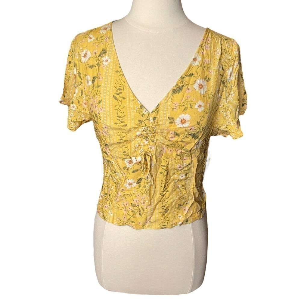 O’Neill Karly Yellow Floral V-Neck Crop Top Juniors Size Large